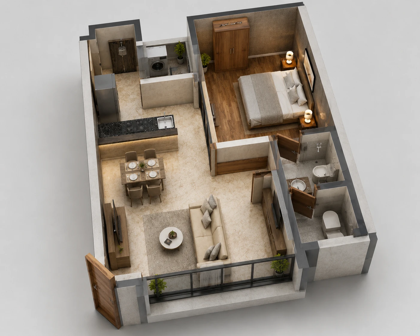 Dhruva 1BHK cutaway render — 3 per floor · Floors 1 to 4