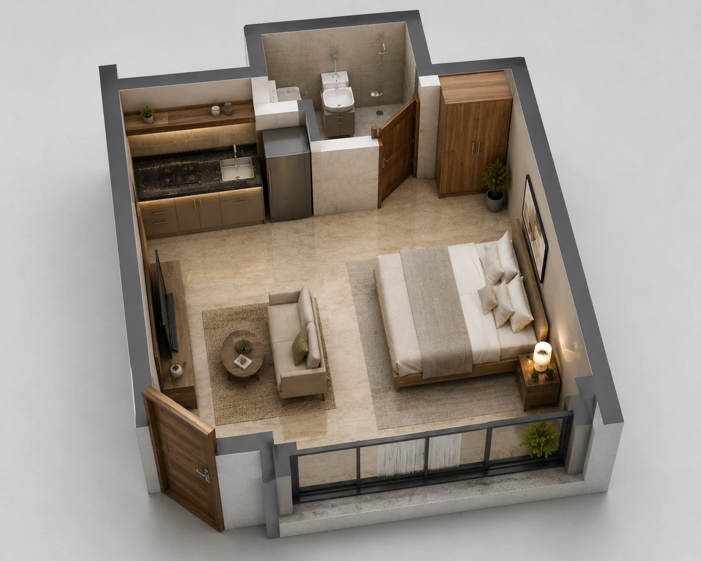 Dhruva 1RK cutaway render — 3 per floor · Floors 1 to 4