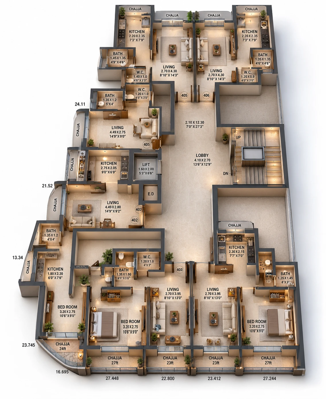 Dhruva Typical upper floor plan — Residential — 6 flats per floor