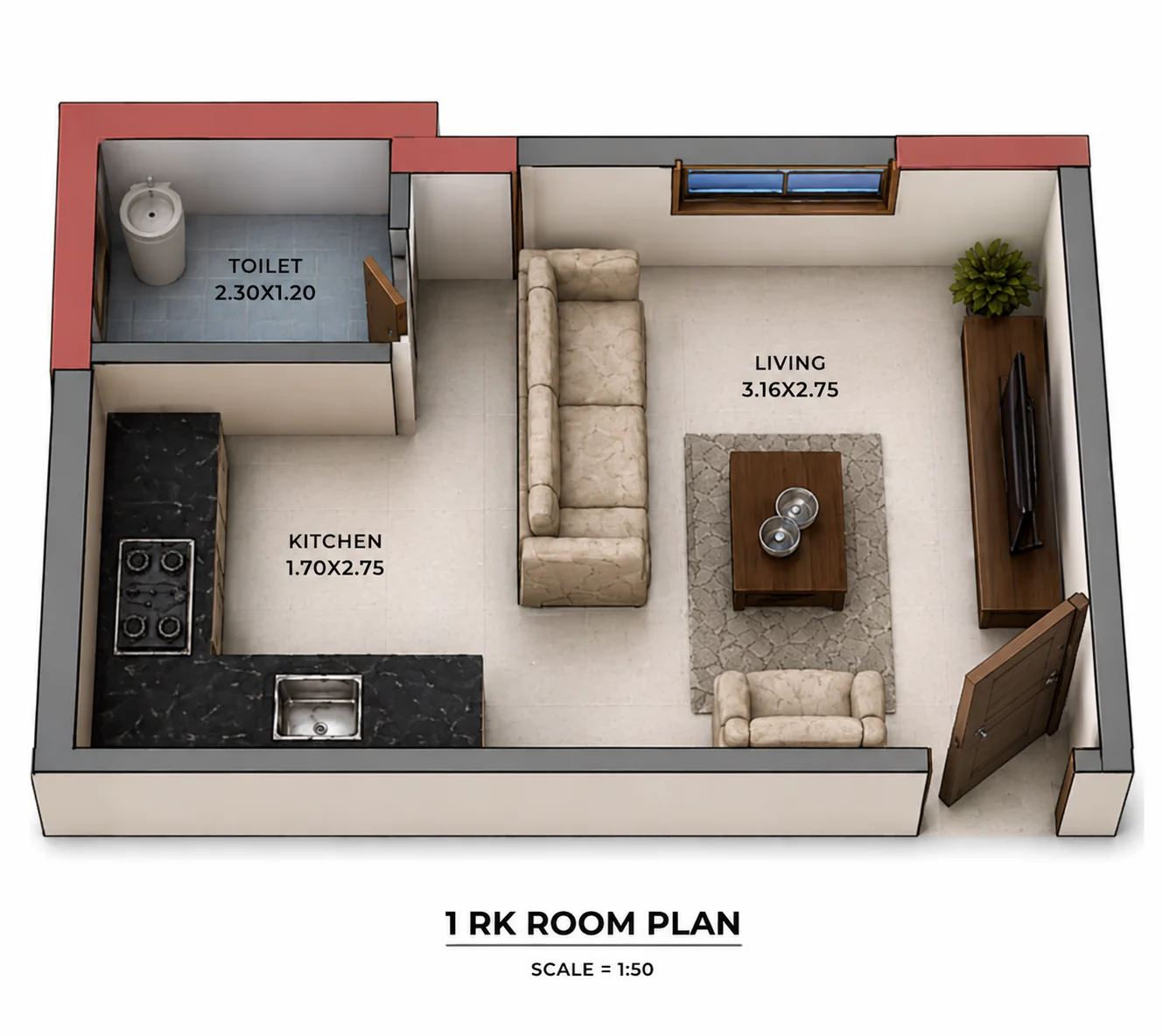 Ishaan 1RK flat layout
