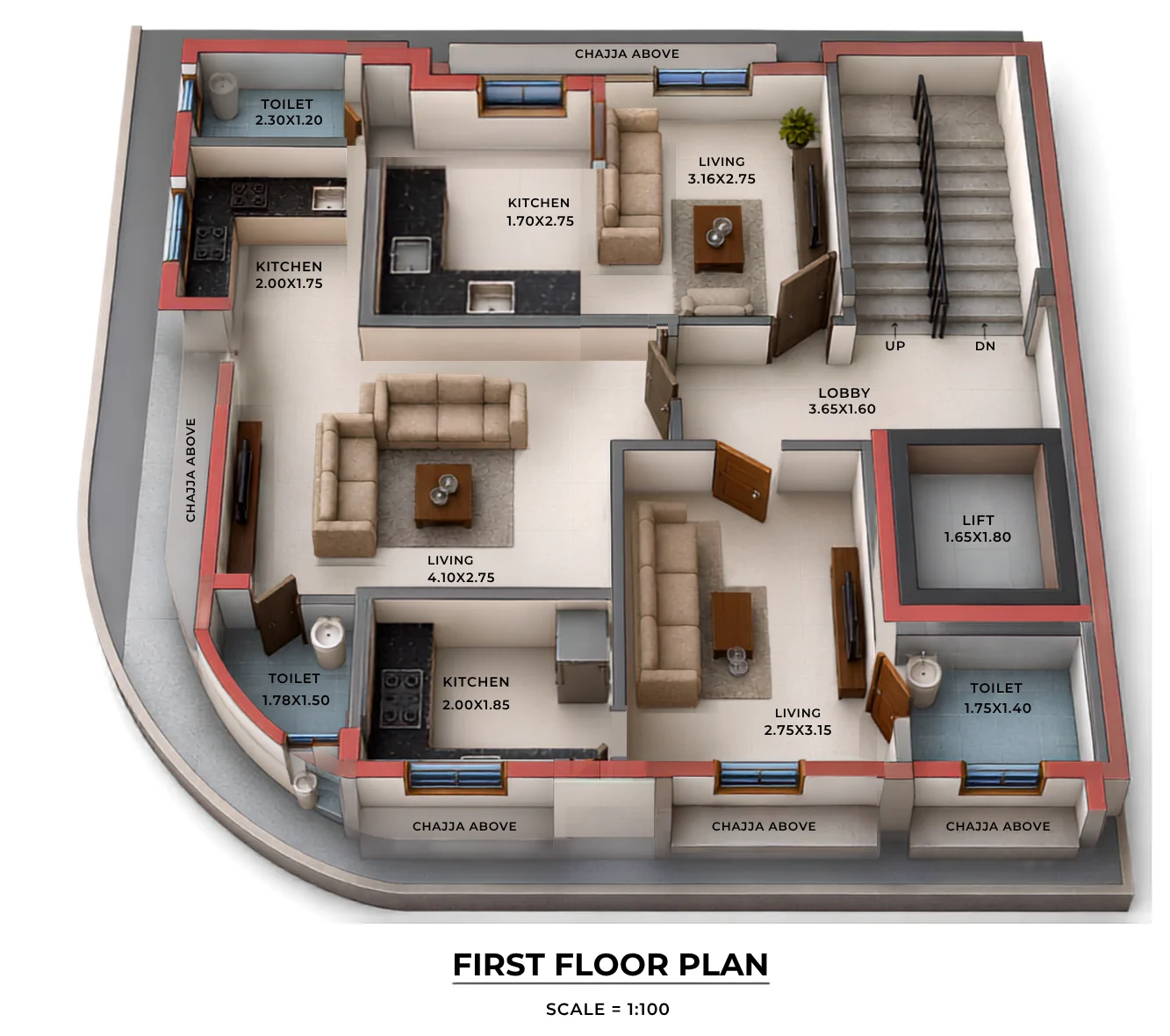 Ishaan Typical floor plan — 1st–4th · three 1RK homes