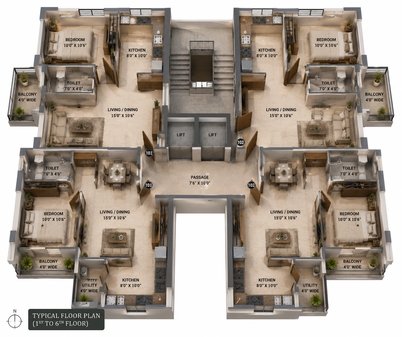 Prithvi Typical upper floor plan — Residential — floors 1 to 7