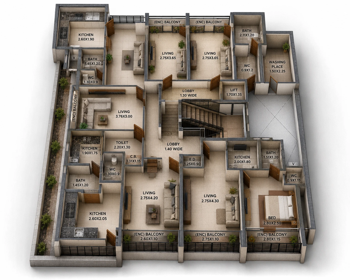 Rudra Typical upper floor plan — Residential — 5 homes per floor