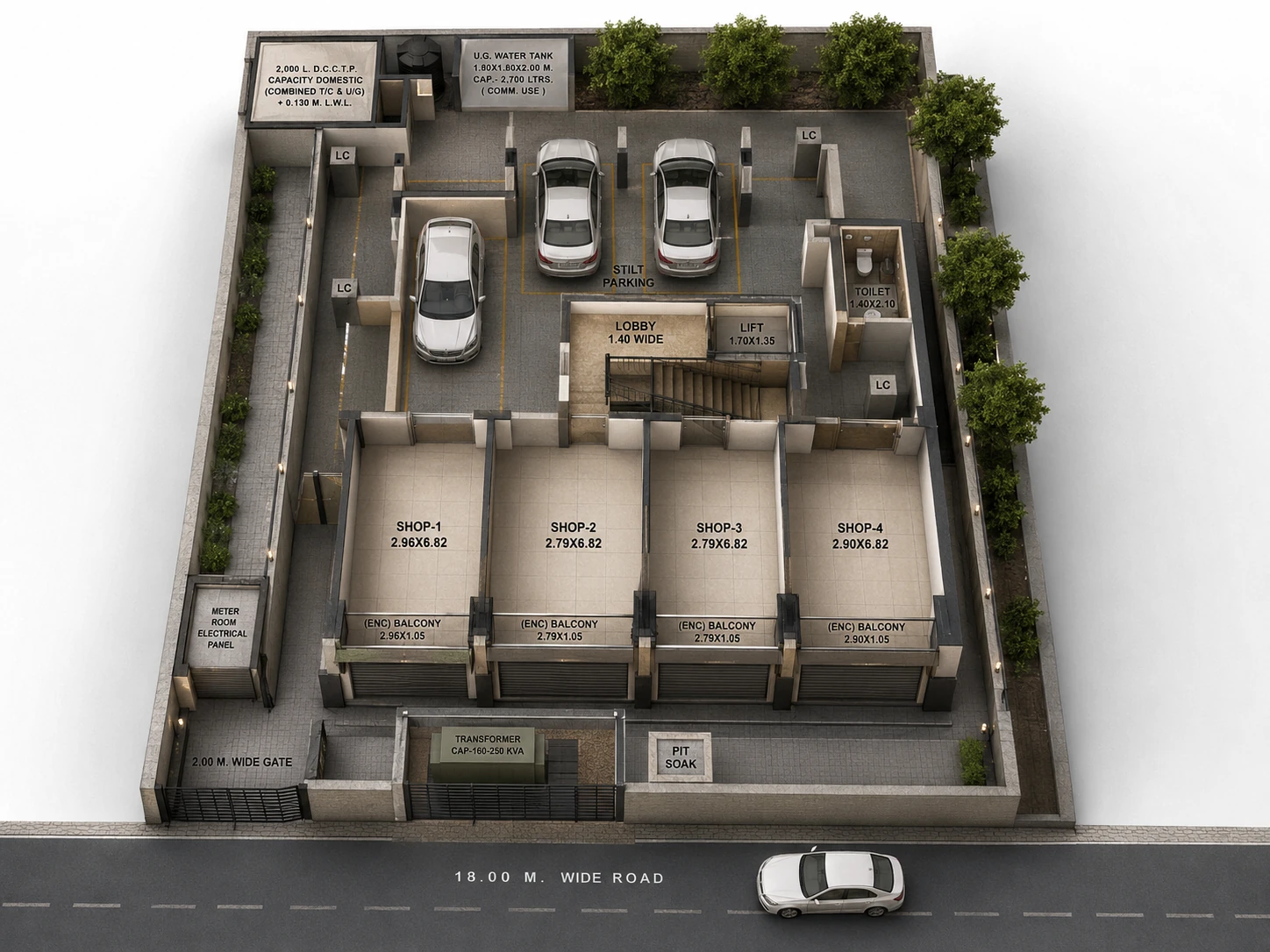 Rudra Ground floor plan — Retail & parking