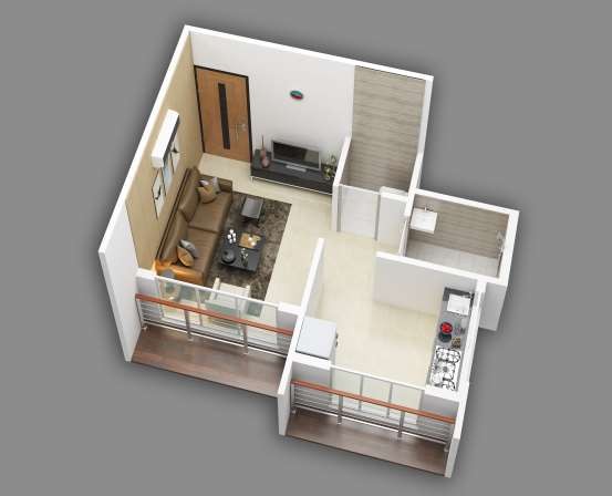 Rudra Large 1 RK — 450 sq. ft. home layout render