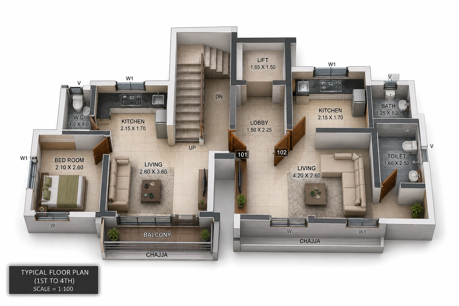 Shaurya Typical floor plan — Residential — floors 1 to 4