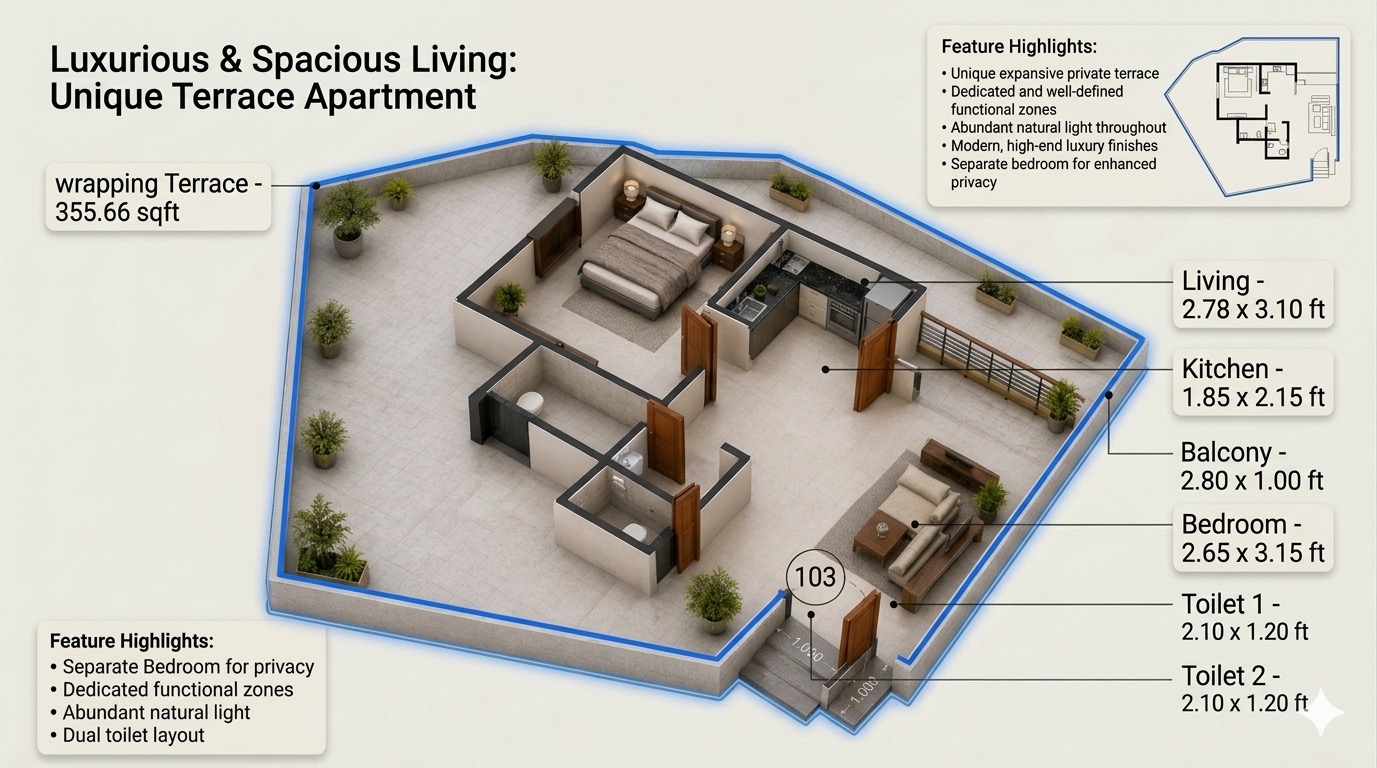 Shikhar 1BHK + Terrace floor plan — Series 3 · Unique terrace apartment